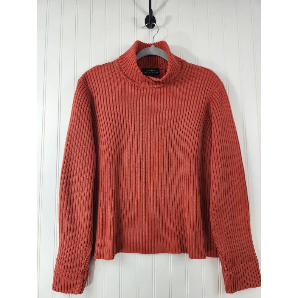 Lauren RL Womens Rust Orange Ribbed Cotton Thick Shawl Collar Sweater Large